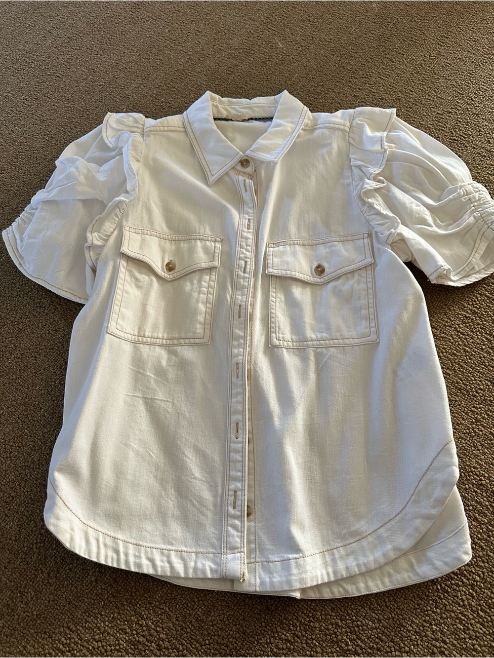 Pilcro /Anthropologie White Ruffle-Sleeve Button-Front Shirt